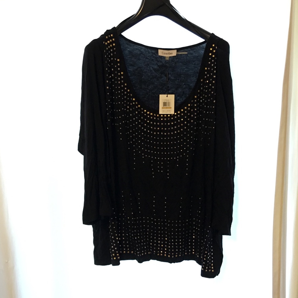 NWT CALVIN KLEIN Gold Rhinestone scoop neck shirt